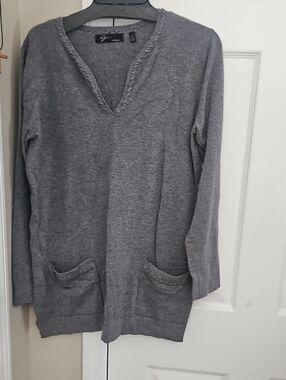 Eileen Fisher Gray V-Neck Knit Tunic with Braided Trim